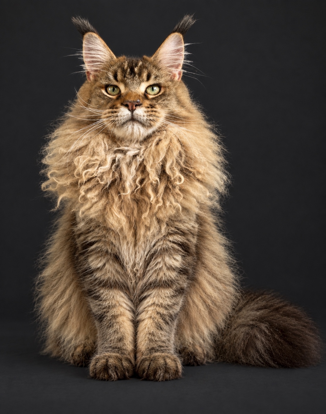 A golden-brown longhaired cat, with tufted ears and luminous eyes, against charcoal