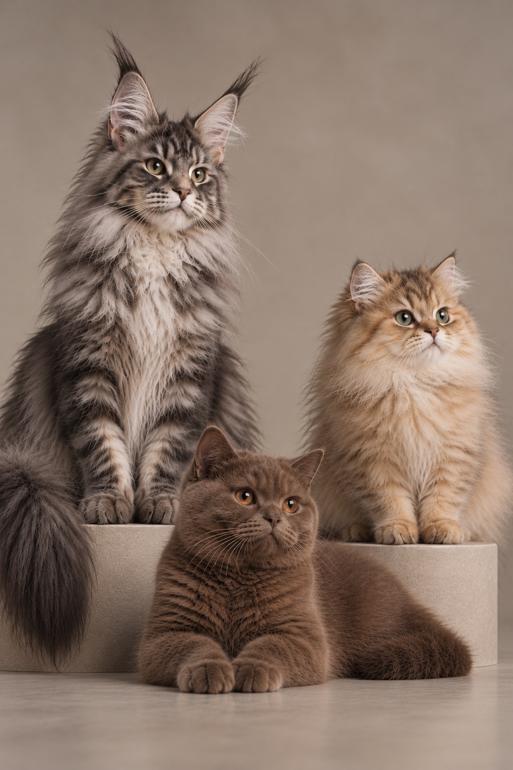 Three cats posed together against a warm taupe backdrop